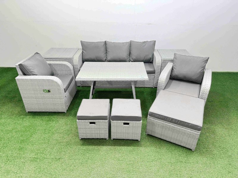 Fimous Reclining Chair 3 Seat Sofa Set Garden Furniture Set with Rectangular Dining Table 2 Side Tables 3 Footstools Light Grey