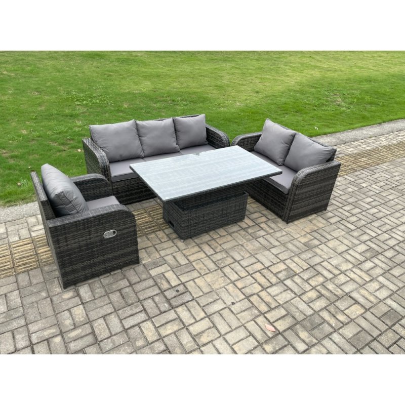Fimous Outdoor Rattan Furniture Garden Dining Set Patio Height Adjustable Rising lifting Table with 3 Seater Sofa Reclining Chair Love Sofa Dark Grey Mixed