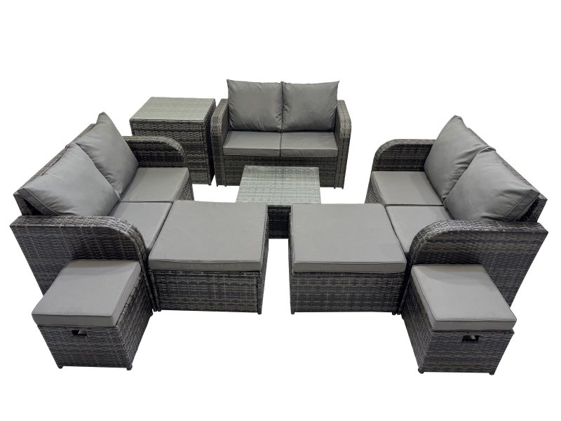 Fimous Rattan Garden Outdoor Furniture Set Love Sofa Square Coffee Table Set with 4 Stools Side Table Dark Grey Mixed