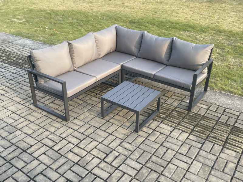 Fimous Outdoor Garden Furniture Set Aluminium Lounge Sofa Square Coffee Table Sets Indoor Conservatory Set Dark Grey
