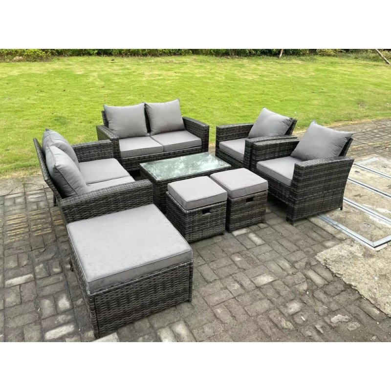 Fimous 9 Seater Dark Grey Mixed High Back Rattan Sofa Set Oblong Coffee Table Garden Furniture Outdoor Patio