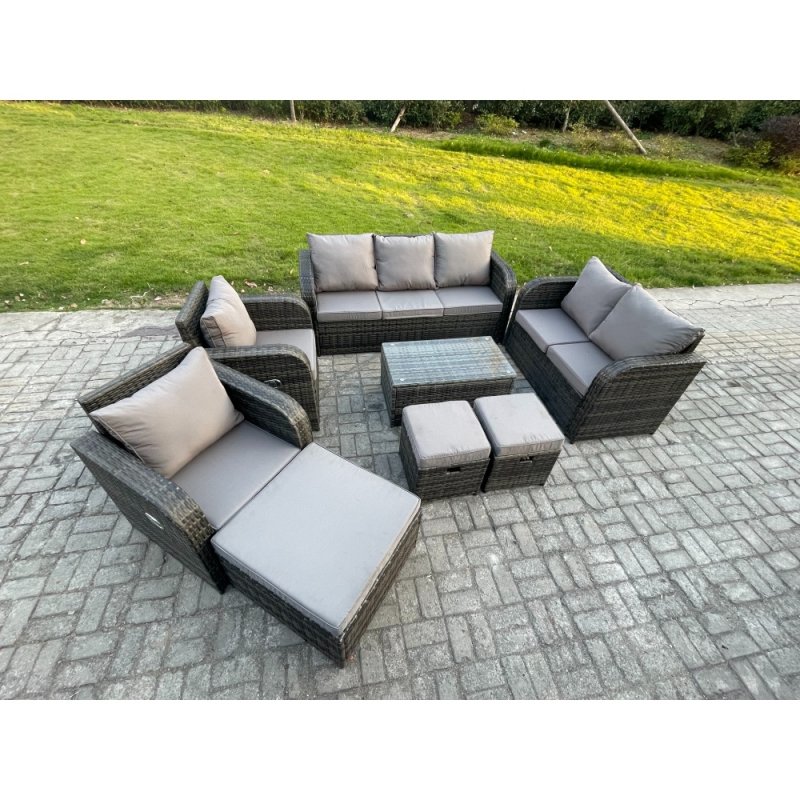 Fimous Patio Garden Furniture Sets Wicker 10 Seater Outdoor Rattan Furniture Sofa Sets with Rectangular Coffee Table Reclining Chair Loveseat Sofa 3 Footstools