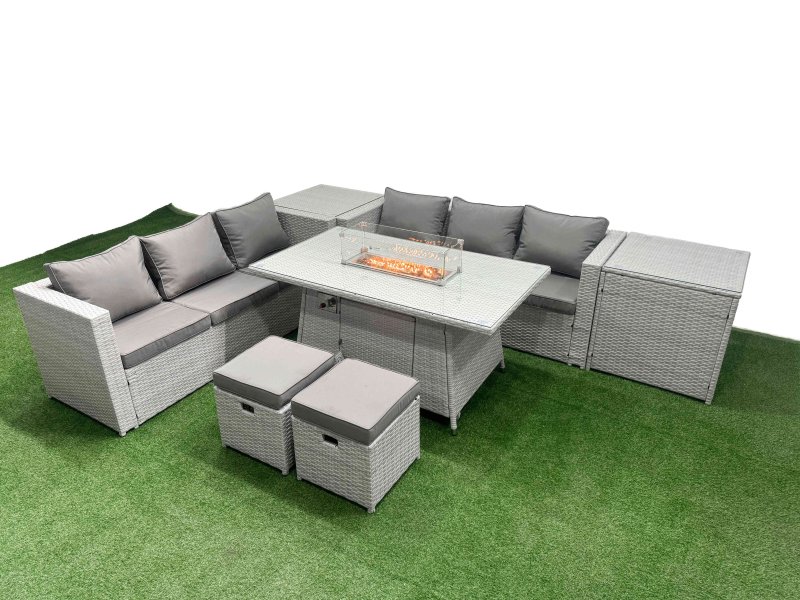 Fimous PE Rattan Lounge Sofa Set Outdoor Garden Furniture Set with Firepit Dining Table 3 Seater Sofa 2 Side Table 2 Small Stools Light Grey