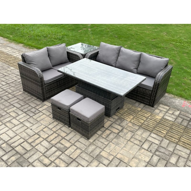 Fimous Outdoor Rattan Garden Furniture Sets Height Adjustable Rising lifting Dining Table Lounge Sofa Set With Side Table 2 Small Footstools Dark Grey Mixed
