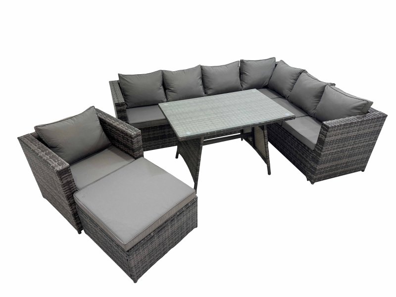 Fimous Rattan garden furniture Patio Furniture Sets with Dining Table Big Stool Chair Dark Grey Mixed
