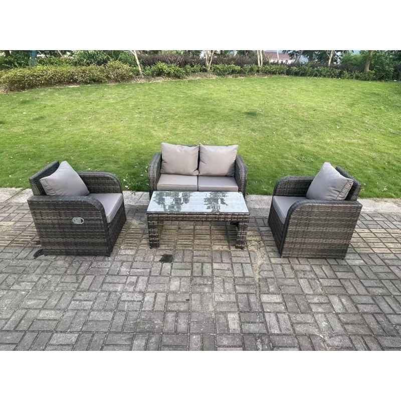 Fimous Dark Grey PE Wicker Rattan Garden Furniture Set Love Sofa Reclining Chair Outdoor Rectangular Coffee Table 4 Seater