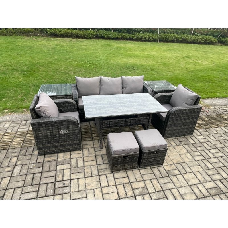 Fimous 7 Seater Rattan Outdoor Garden Furniture Set Rectangular Dining Table and Chair Sofa Set With 2 Side Tables 2 Small Footstools Dark Grey Mixed