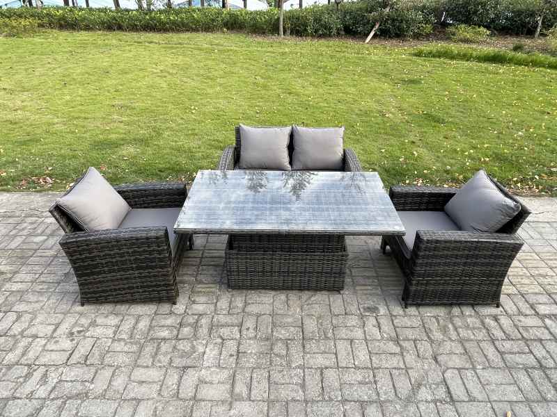 Fimous High Back Rattan Garden Furniture Sofa Sets with Height Adjustable Rising Lifting Table Side Table Big Footstool Dark Grey Mixed