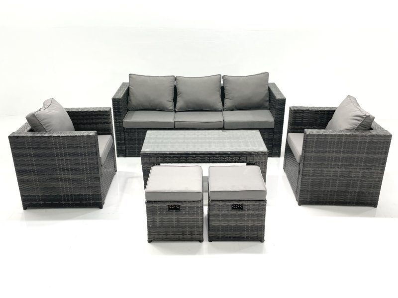 Fimous Rattan Garden Furniture Set Outdoor Lounger Sofa with Coffee Table 2 Armchair 2 Small Footstools Dark Grey Mixed