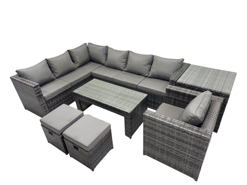 Fimous 7 Pieces Outdoor PE Rattan Garden Furniture Corner Sofa Oblong Coffee Table Set with Cushions 2 Small Stools Side Table Dark Grey Mixed