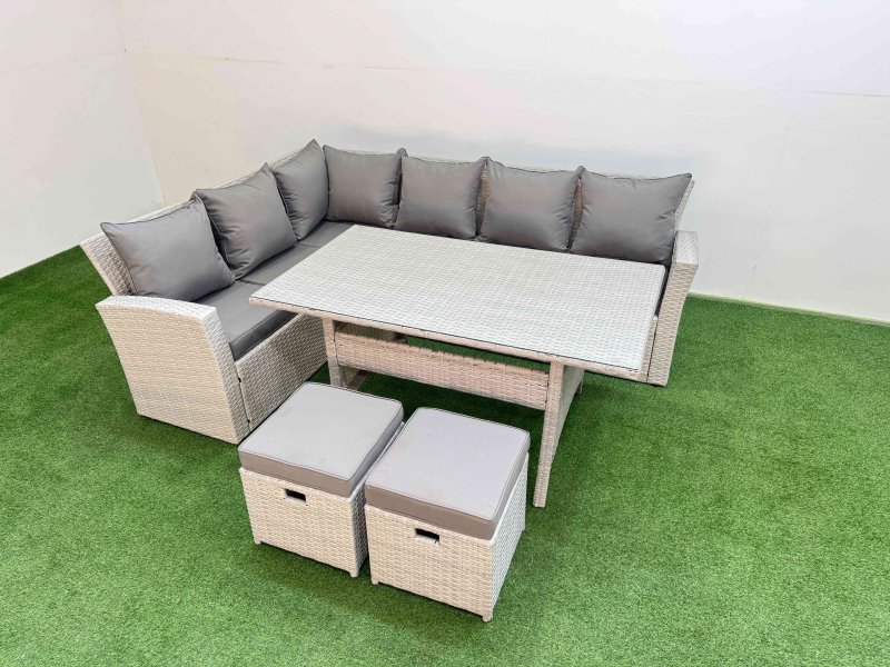Fimous 8 Seater Rattan Garden Furniture Set Outdoor Patio Dining Corner Sofa Sets with Dining Table 2 Small Footstools Light Grey Mixed