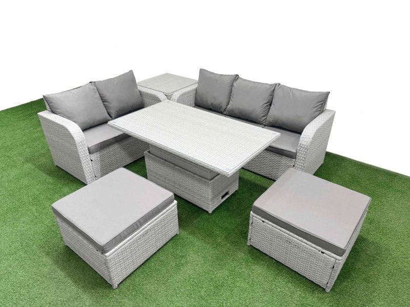 Fimous 7 Seater PE Rattan Wicker Garden Furniture Patio Conservatory Sofa Set with Adjustable Lifting Dining or Coffee Table 3 Seater Sofa Love Sofa 2 Big Footstool Side Table