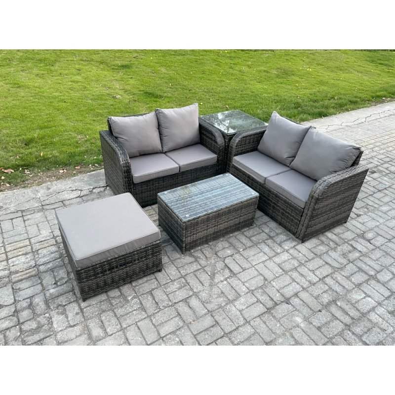 Fimous Outdoor Lounge Sofa Set Rattan Garden Furniture Set with Rectangular Coffee Table Big Footstool Side Table Dark Grey Mixed