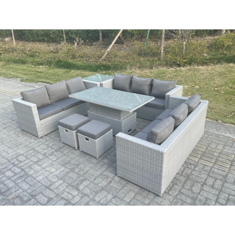Fimous U Shape Lounge Rattan Garden Furniture Set Adjustable Rising Lifting Table Dining Set With Side Coffee Tea Table Stool