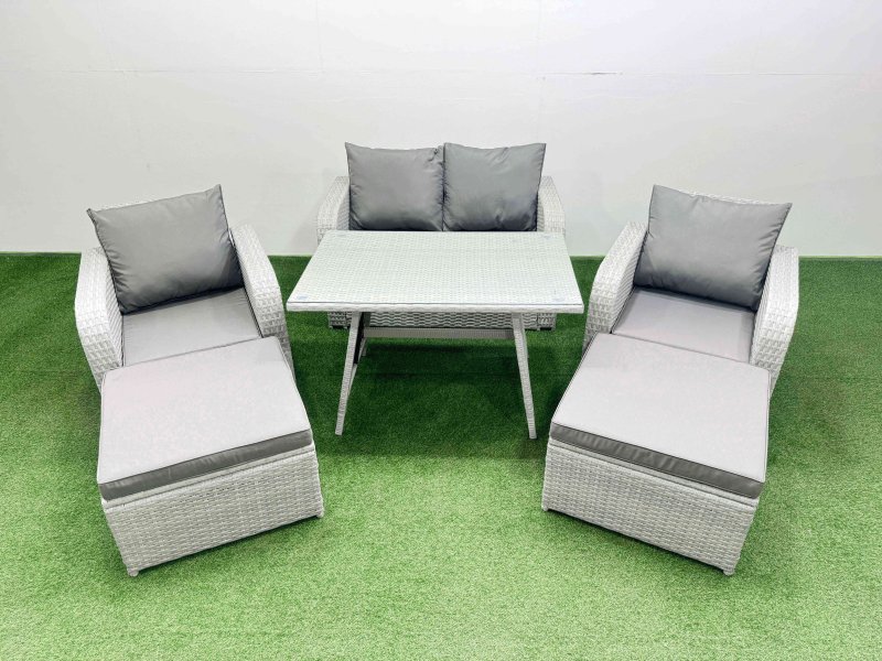 Fimous Light Grey PE Wicker Rattan Garden Furniture Set Sofa Set Reclining Chair Love Sofa Rectangular Dining Table 2 Big Stools