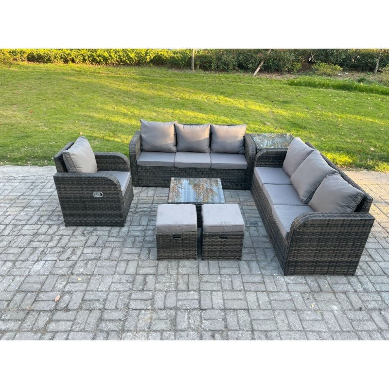 Fimous Outdoor Rattan Garden Furniture Set Conservatory Patio Sofa Coffee Table With Reclining Chair Side Table 2 Small Footstools Dark Grey Mixed
