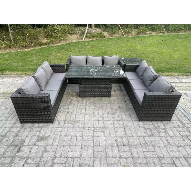 Fimous 9 Seater Outdoor Rattan Garden Furniture Sofa Set Patio Adjustable Rising Lifting Dining Table Set with Side Table Dark Grey Mixed