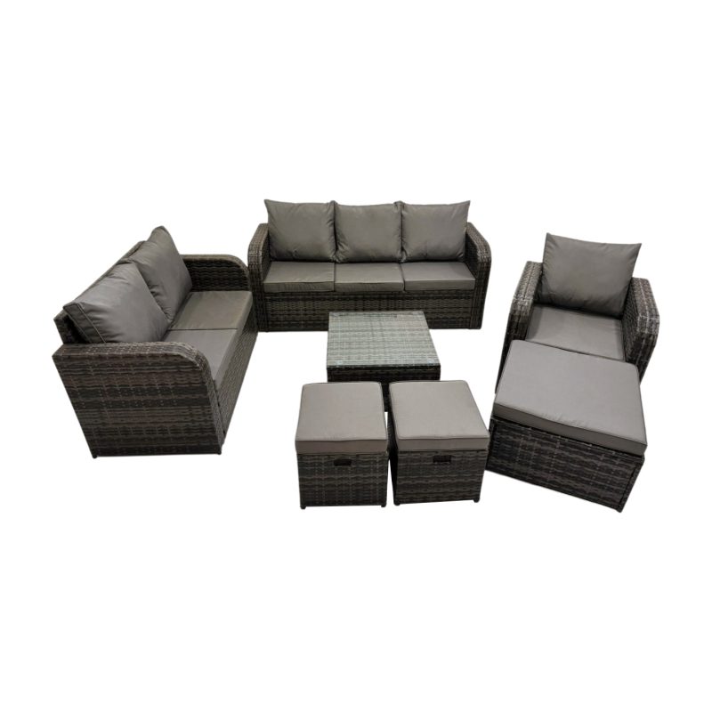 Fimous 3 Seater Sofa Reclining Chair Coffee Table Set Rattan Garden Outdoor Furniture Set with 3 Stool Dark Grey Mixed