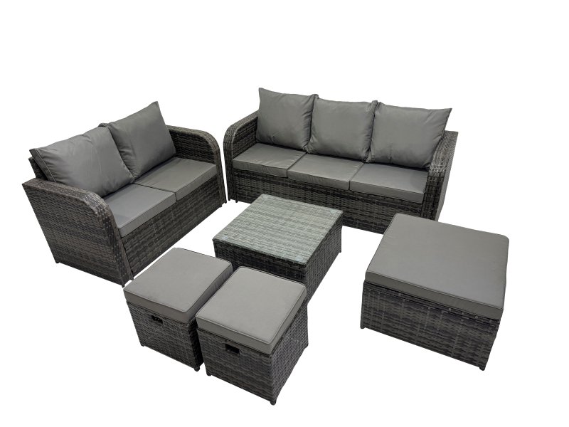 Fimous Wicker PE Rattan Garden Outdoor Furniture Set Love Sofa Square Coffee Table Set with 3 Stools Dark Grey Mixed