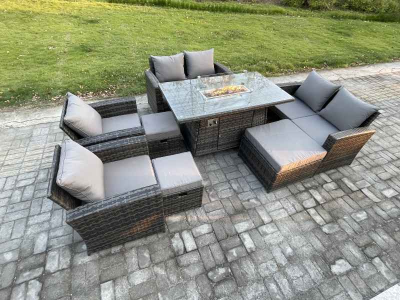 Fimous Outdoor Garden Furniture Sets 8 Pieces Wicker Rattan Furniture Gas Firepit Dining Table Sofa Set with 3 Footstools Dark Grey Mixed