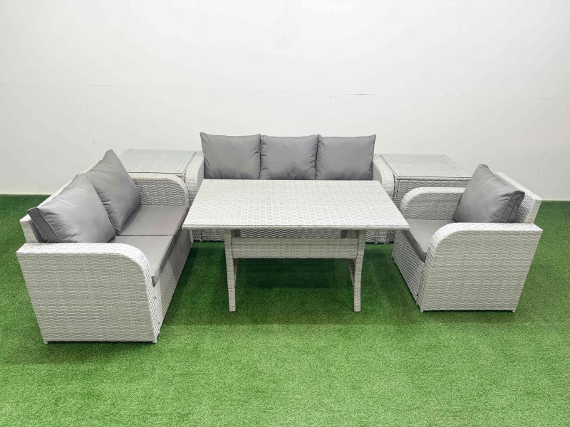 Fimous Patio PE Wicker 6 Seater Outdoor Rattan Furniture Sofa Sets with Rectangular Dining Table Reclining Chair Loveseat Sofa 3 Seater Sofa 2 Side Table Light Grey