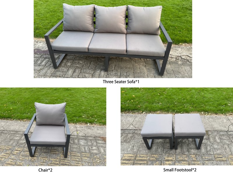 Fimous 7-Piece Aluminium Garden Furniture Sets 6 Seater Outdoor Sofa Set with Adjustable Rising Lifting Dining Table 2 Chairs Big Footstool 2 Side Tables
