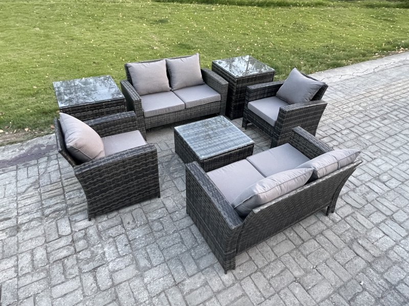 Fimous Rattan Garden Furniture Set Patio Outdoor Lounge Sofa Set with Square Coffee Table Double Seat Sofa 2 Side Tables Dark Grey Mixed