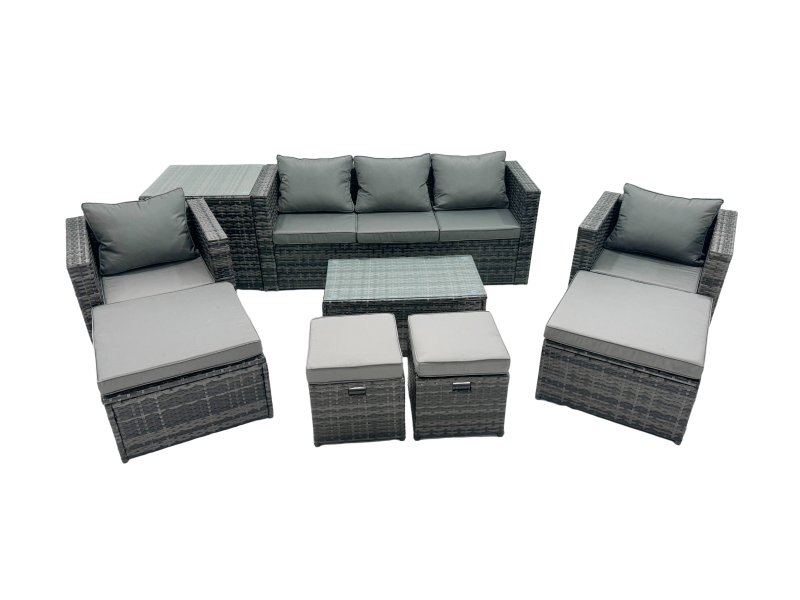 Fimous Outdoor Coffee Table Sofa Armchair Set with Side Table 2 Big Stools 2 Small Footstools Garden Furniture Set Dark Grey Mixed