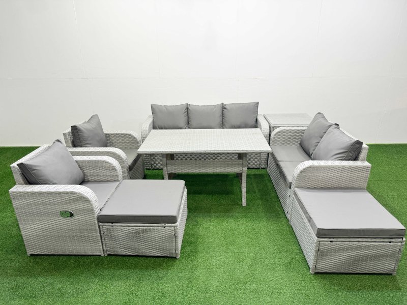 Fimous PE Rattan Garden Furniture Set Reclining Chair Sofa Double Love Seat 2 Seater Sofa Lounge Set Rectangular Dining Table 2 Big Footstool Side Table Light Grey