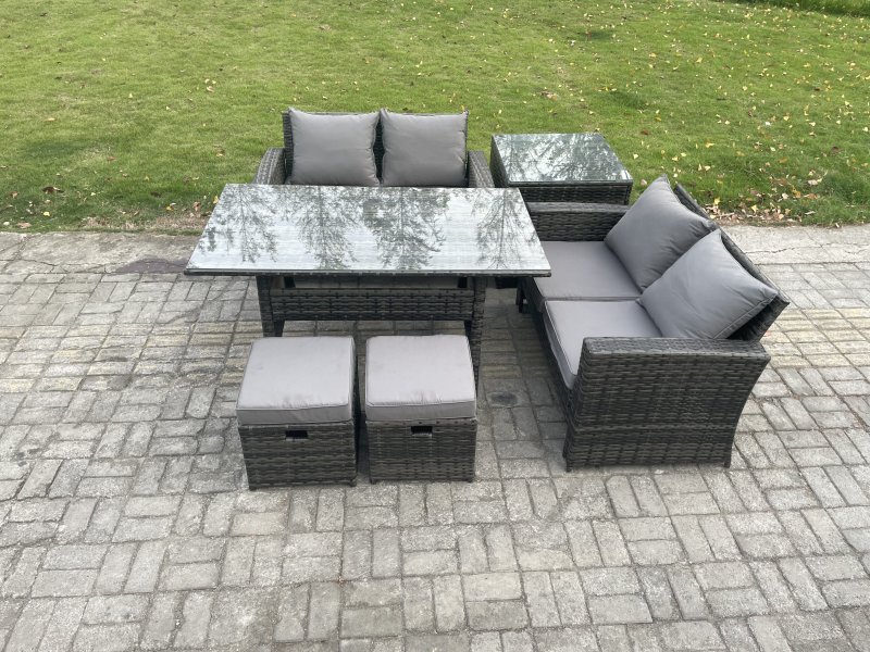 Fimous PE Wicker Rattan Garden Furniture Set Love Sofa Outdoor Rectangular Dining Table 2 Small Footstool Side Table Dark Grey Mixed