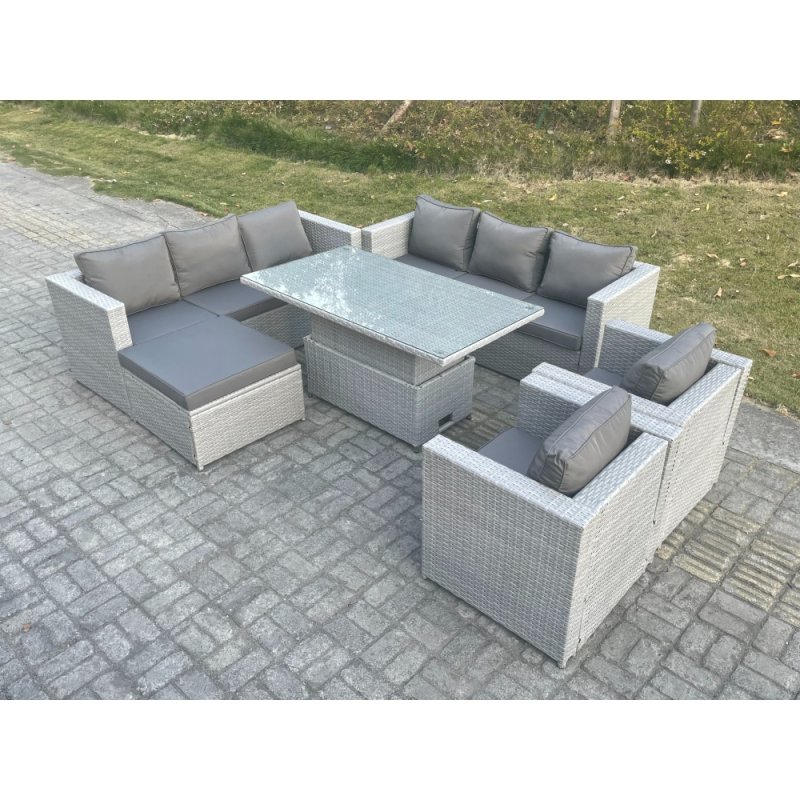 Fimous Rattan Garden Funiture Set Height Adjustable Rising Lifting Table Sofa Dining Set Lounge Sofa 2 Arm Chair Footstool