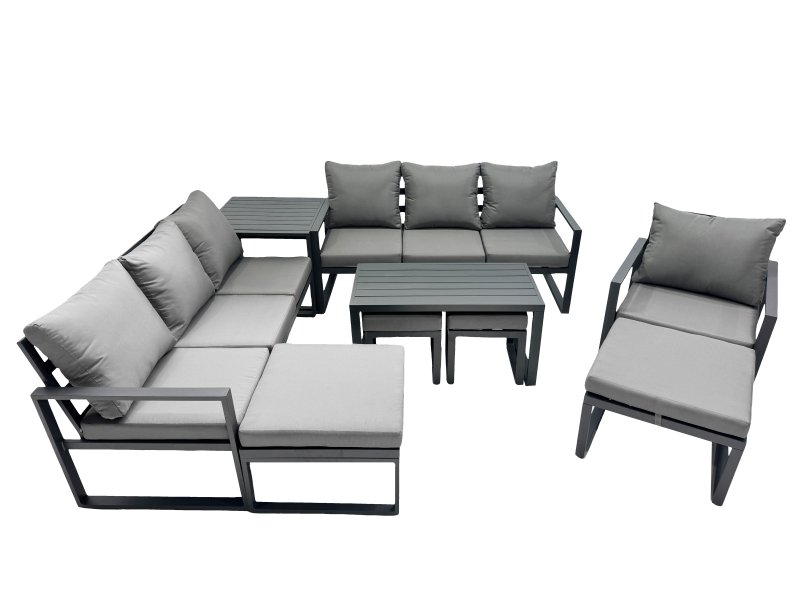 Fimous Outdoor Garden Furniture Set Aluminium Lounge 3 Seat Sofa Oblong Coffee Table Sets with Chair 4 Stools Side Table Dark Grey
