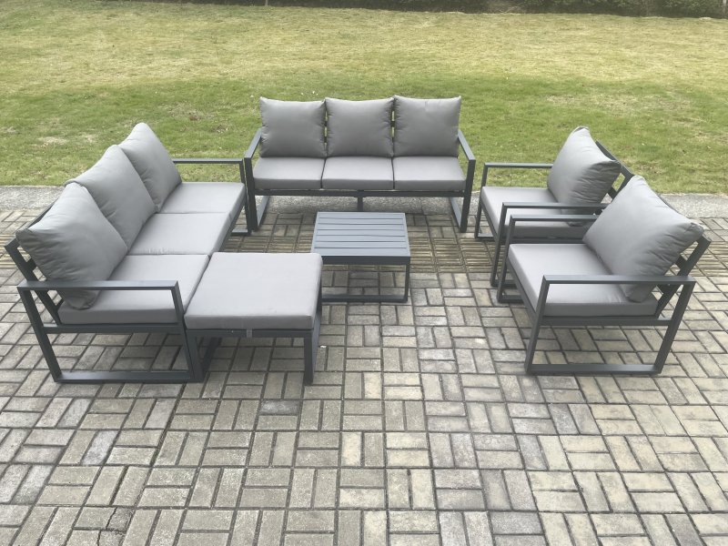Fimous Aluminium Patio Outdoor Garden Furniture Lounge Sofa Set with Square Coffee Table 2 Chairs Big Footstool Dark Grey