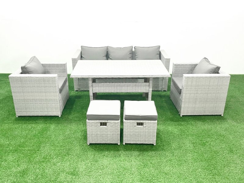 Fimous Garden Dining Set Outdoor Rattan Furniture Set with Sofa Dining Table 2 Chairs 2 Small Footstools Light Grey Mixed