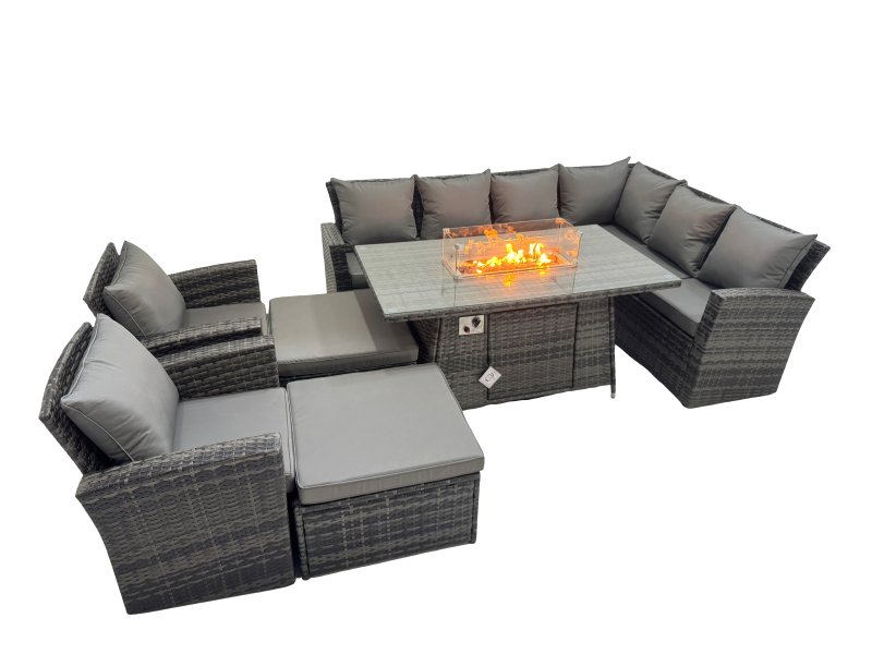 Fimous Outdoor Furniture Garden Dining Set Rattan Corner Sofa Chair Set Gas Fire Pit Table with Temper Glass 2 Big Footstools Dark Grey Mixed