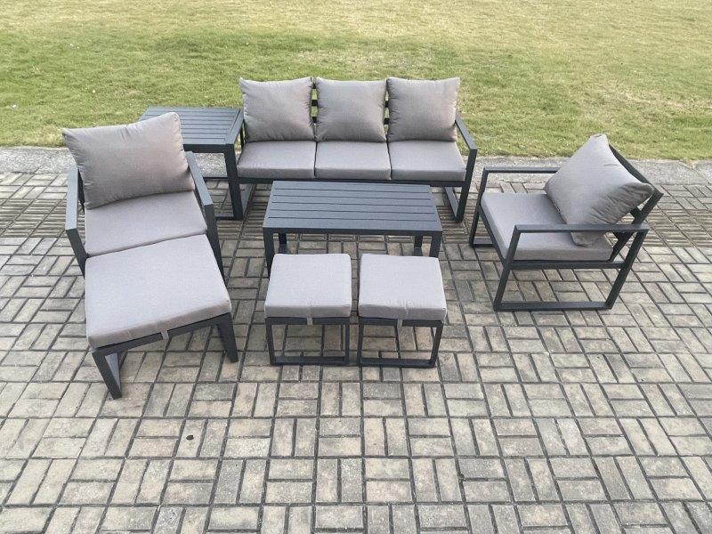 Fimous Aluminium 8 Pieces Garden Furniture Sofa Set with Cushions 8 Seater Outdoor Patio Set with 2 Armchair 3 Footstools Side Table Dark Grey