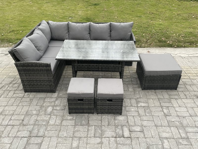 Fimous 9 Seater Outdoor Rattan Garden Furniture Set with Rectangular Dining Table 3 Footstools Patio Wicker Corner Sofa Set Dark Grey Mixed