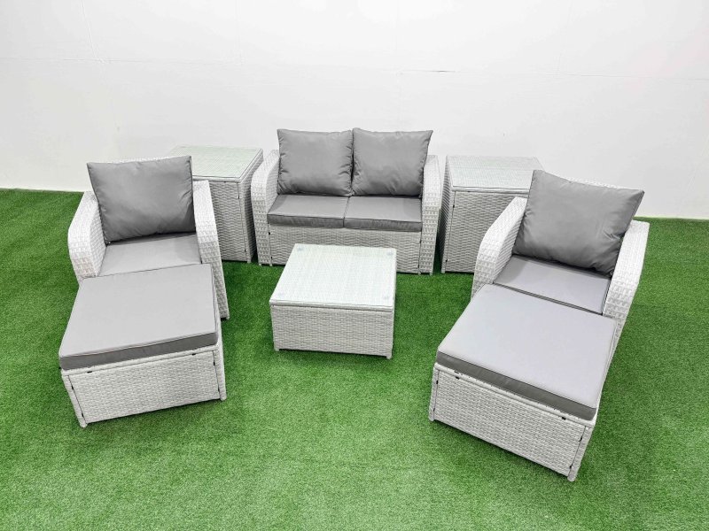 Fimous Light Grey PE Wicker Rattan Garden Furniture Set Sofa Set Reclining Adjustable Chair Square Coffee Table 6 Seater 2 Big Stools 2 Side Table