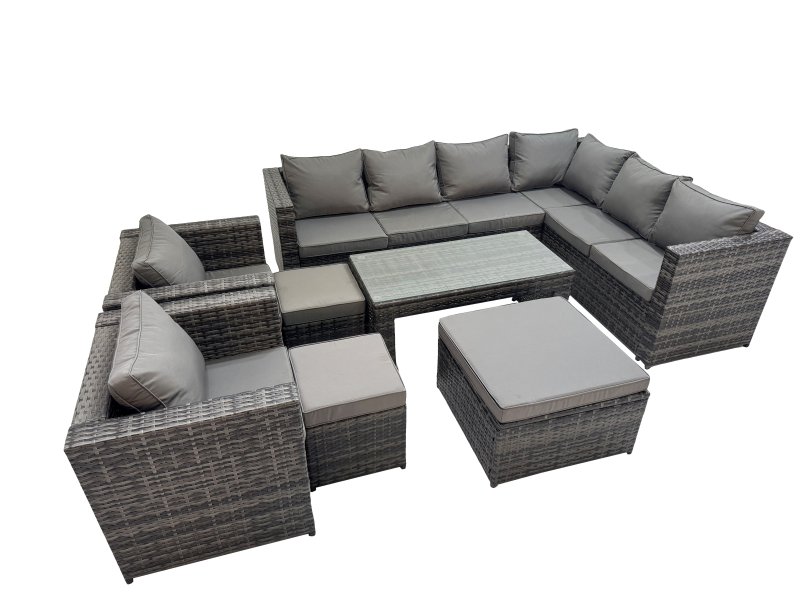 Fimous Outdoor Rattan Oblong Coffee Table Corner Sofa Sets Garden Furniture Set with 2 Chairs 2 Small Stools Dark Grey Mixed