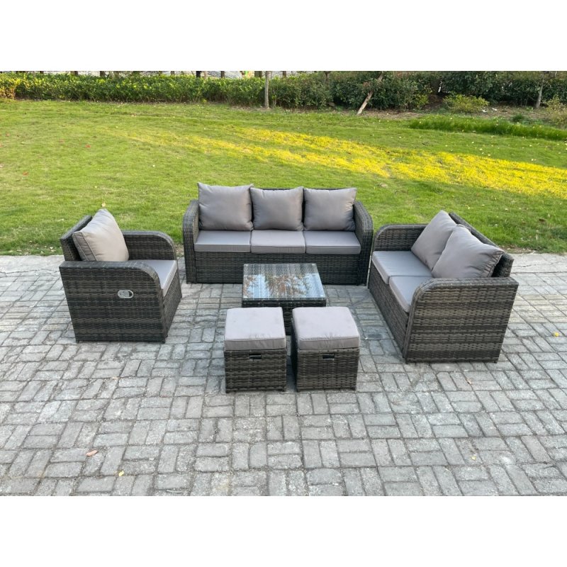 Fimous Rattan Garden Furniture 6 Piece Patio Set With Table Sofa Square Coffee Table Reclining Chair Love seat sofa 2 Small Footstools