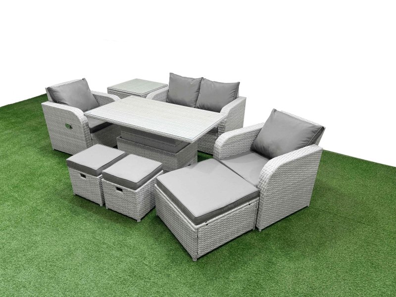 Fimous Light Grey PE Wicker Rattan Garden Furniture Set Sofa Set Reclining Chair Adjustable Lifting Dining or Coffee Table 7 Seater 3 Stools Side Table