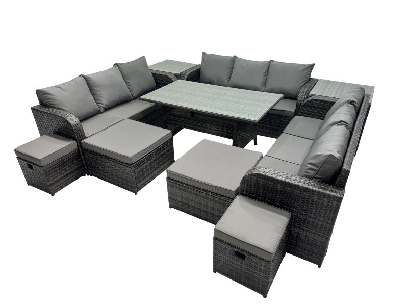 Fimous 13 Seater Garden Outdoor Rattan Furniture Set Rattan Sofa Oblong Dining Table with 2 Side Table 4 Footstools Dark Grey