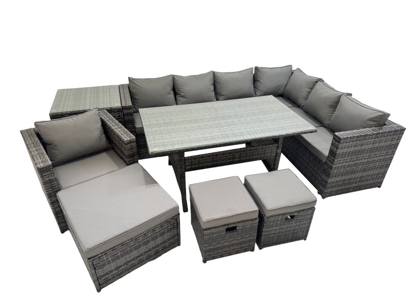 Fimous Rattan Garden Furniture Set Outdoor 10 Seater Patio Dining Corner Sofa Sets with Dining Table Chair Big Stool Side Table Dark Grey Mixed