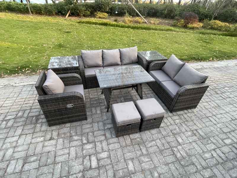 Fimous 8 PCS Outdoor Lounge Sofa Set Wicker PE Rattan Garden Furniture Set with Rectangular Dining Table Armchair 2 Small Footstools Dark Grey Mixed