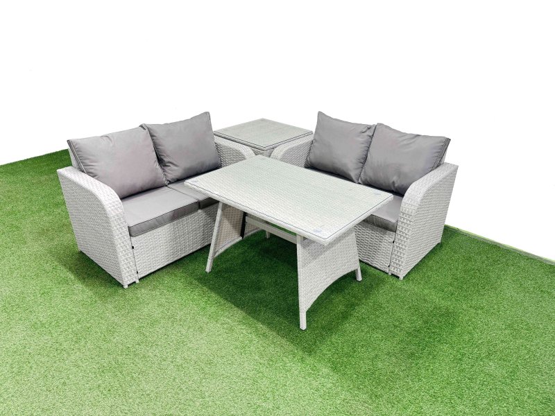 Fimous 4 Seat Outdoor Love Sofa Set Rattan Garden Furniture Set with Rectangular Dining Table Side Table Light Grey