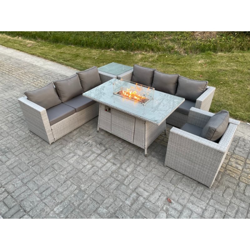Fimous Light Grey Corner Rattan FirePit Garden Furniture Set Gas Heater Burner Lounge Sofa With Side Coffee Table And Chair