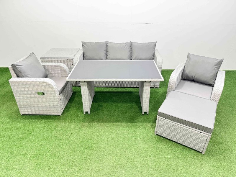 Fimous Outdoor Rattan Garden Furniture Dining Set 6-seater Patio Rectangular Table 3 Seater Sofa Reclining Chair Set with Side Table Big Stool