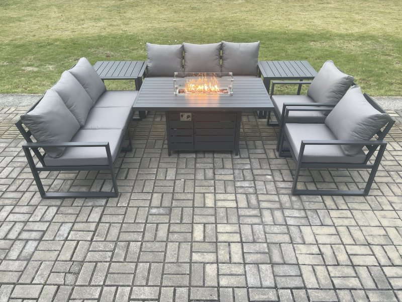 Fimous Aluminium Outdoor Garden Furniture Set Patio Lounge Sofa Gas Fire Pit Dining Table Set with 2 Side Tables Dark Grey