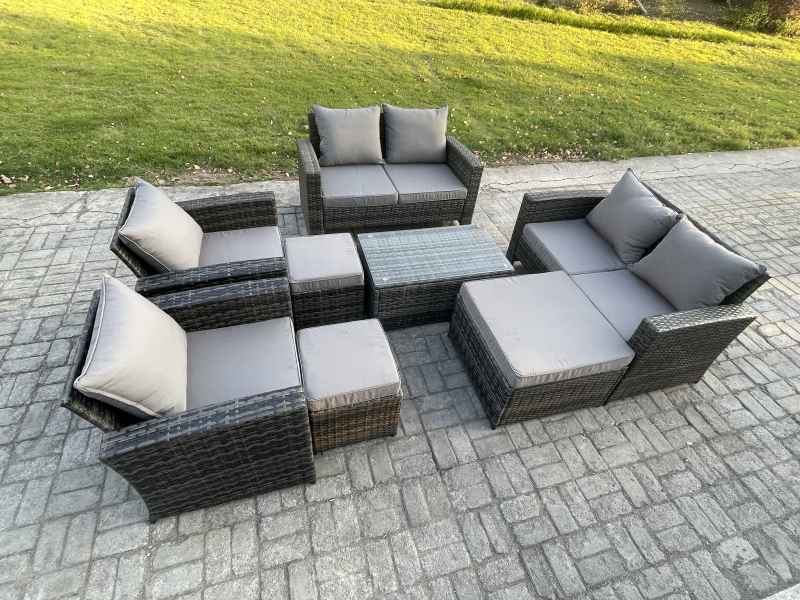 Fimous Garden Furniture Sets 8 Pieces Outdoor Rattan Furniture Manual Wicker Patio Sofa Chair Set with Coffee Table 3 Footstools Dark Grey Mixed