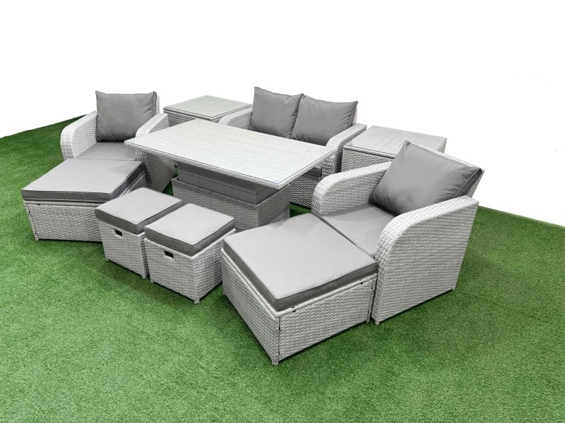 Fimous 10 PCs Rising Dining Table Set Reclining Chair Inclining Love Sofa Seat 2 Big Footstool 2 Small Stool 2 Side Table Light Grey